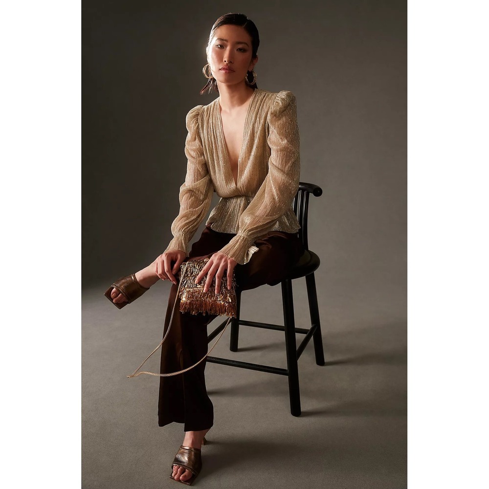 Sabina Musayev Liya Blouse Gold Metallic Pleated Peplum Top Size Large - Picture 3 of 10